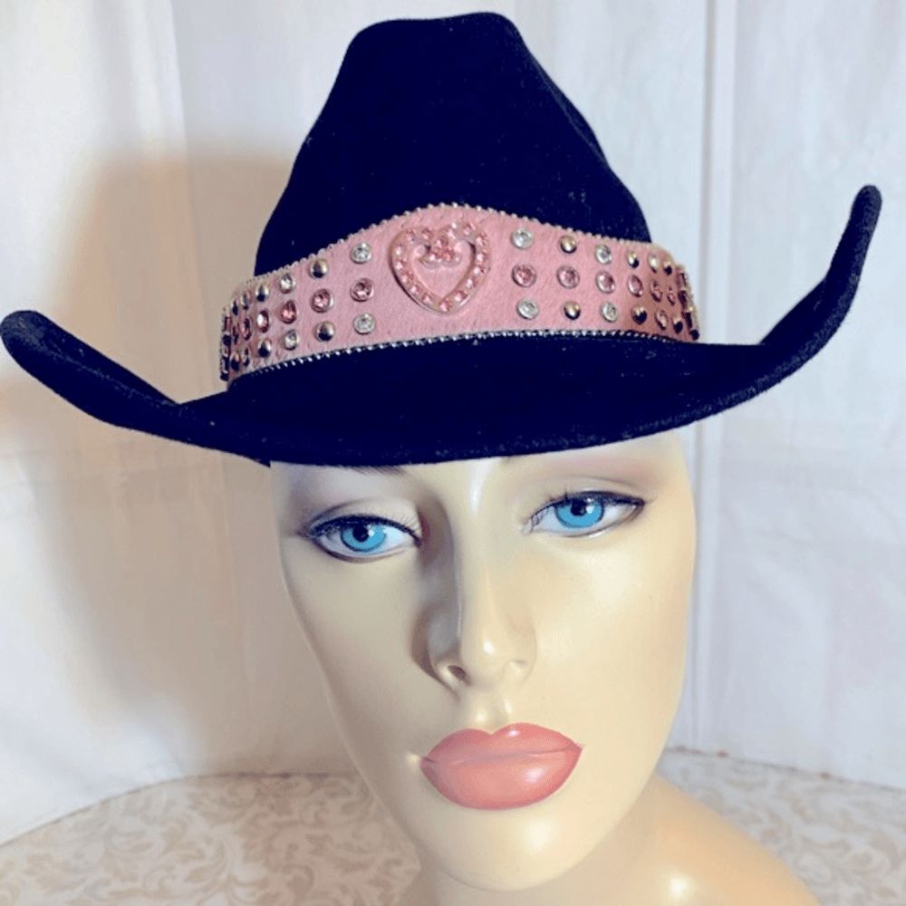 BullHide Cowgirl Cowboy Hat Black Wool Pink Calf Hair Jewel Studded Hatband S/M - Picture 2 of 8
